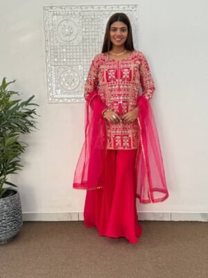 Designer Pink Palazzo Suit With Dupatta For Women, Embroidery Thread Work Top, Palazo With Dupatta, Salwar Kameez, Indian Kurta Kurti Set