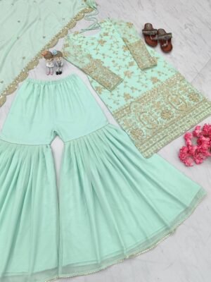 Stylish Mint Green Georgette Kurta Palazzo With Dupatta For Women And Girls, Wedding Wear Dress, Suit For Eid, Bridesmaid Suit, Gharara Suit